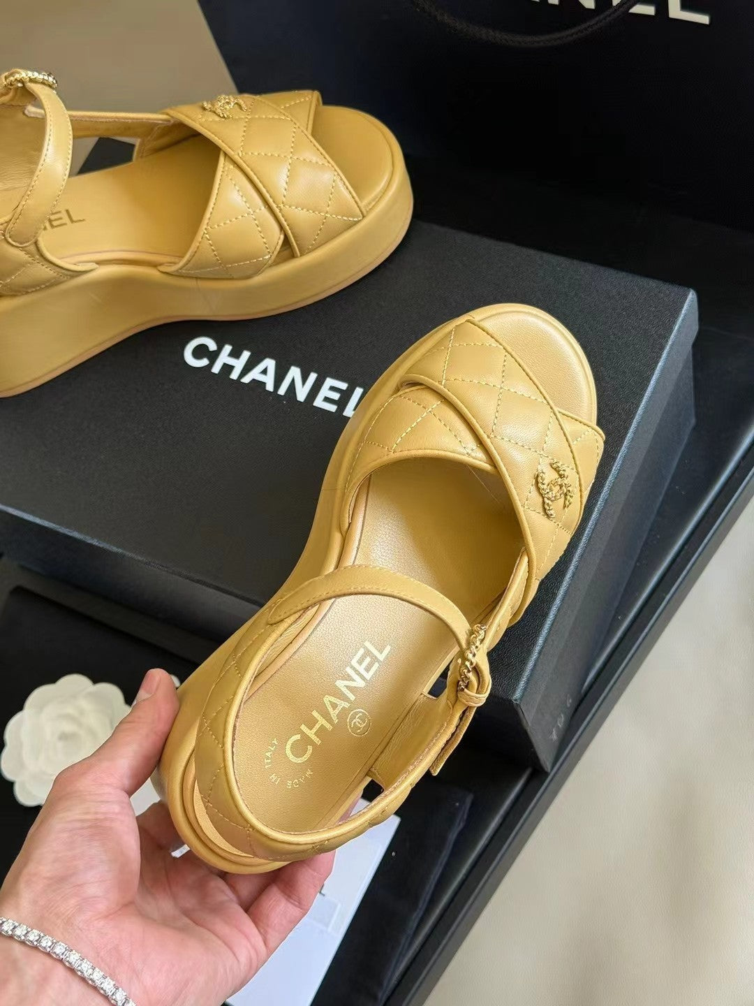 CC CLASSIC WEDGE SANDALS IN LIGHT YELLOW LAMBSKIN