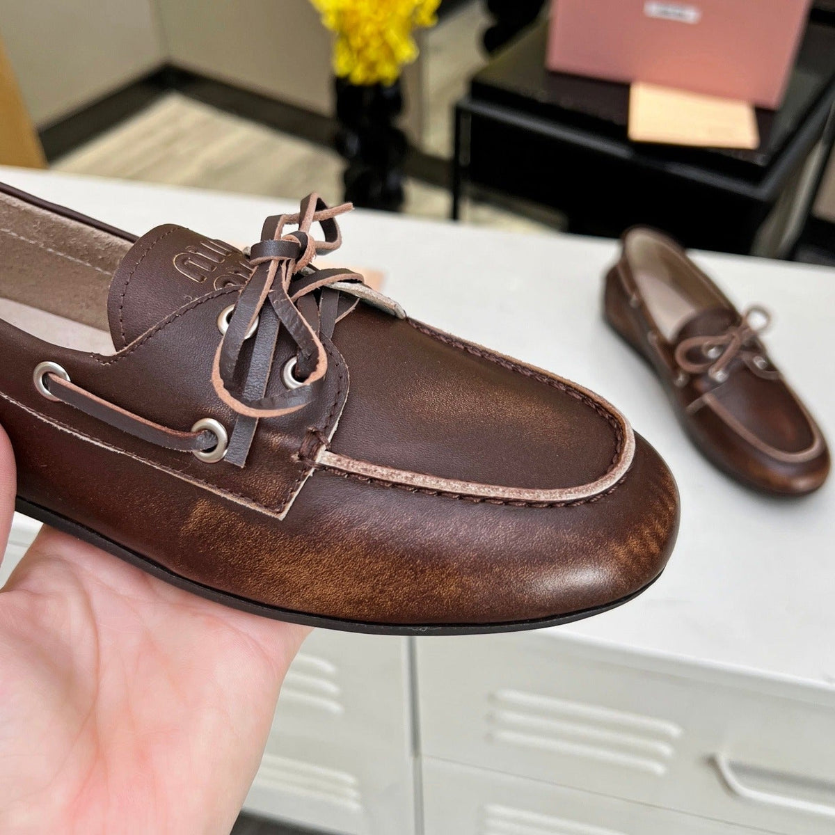 Lace-up Retro Loafers Walnut Color Cowhide