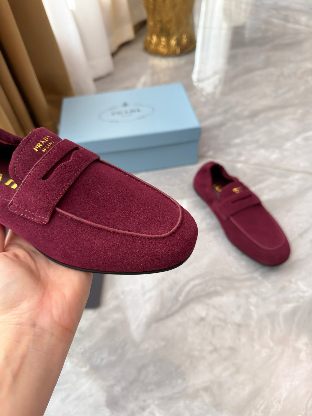 PRADA 25S LOAFERS IN DARK RED SUEDE