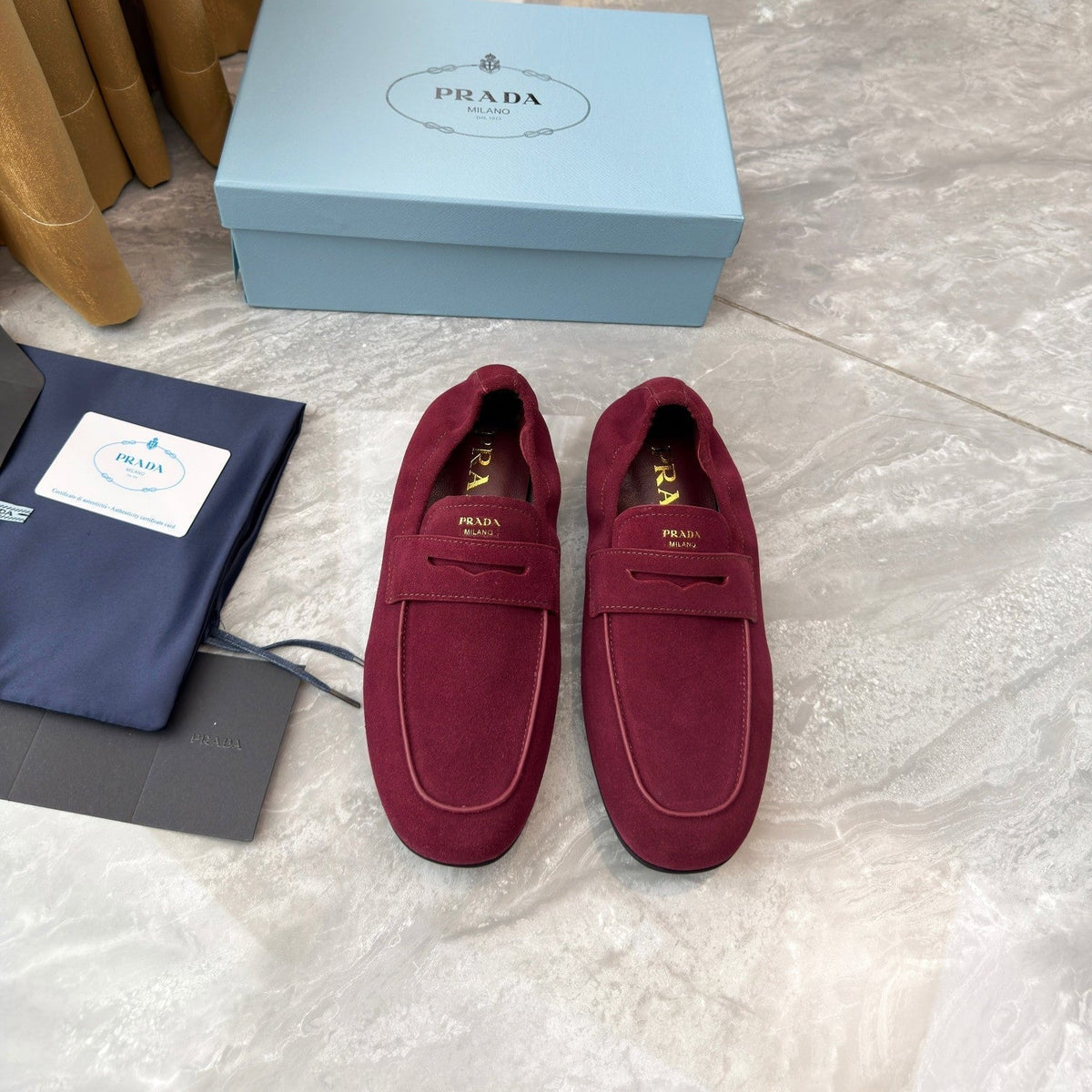 PRADA 25S LOAFERS IN DARK RED SUEDE