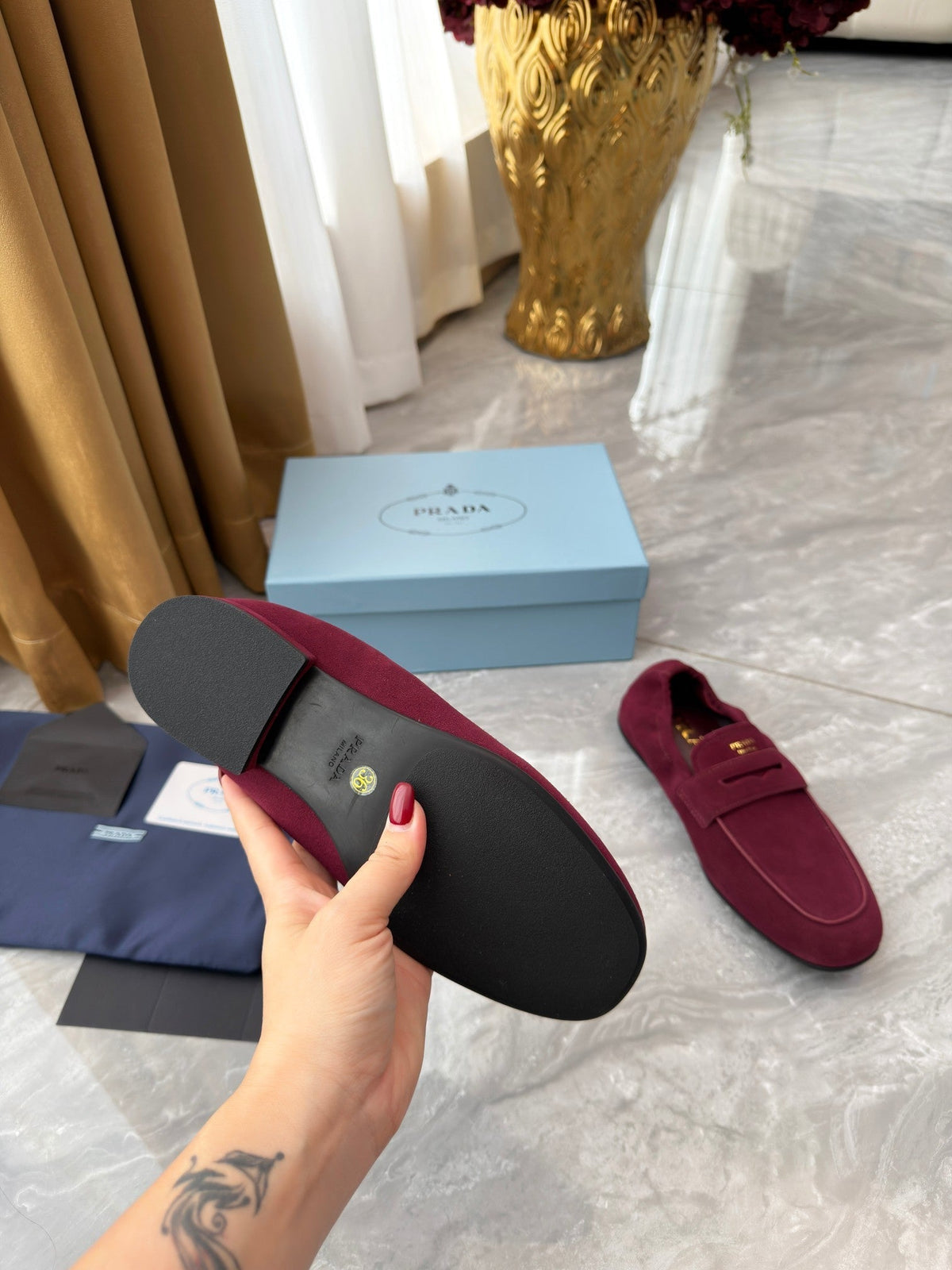 PRADA 25S LOAFERS IN DARK RED SUEDE