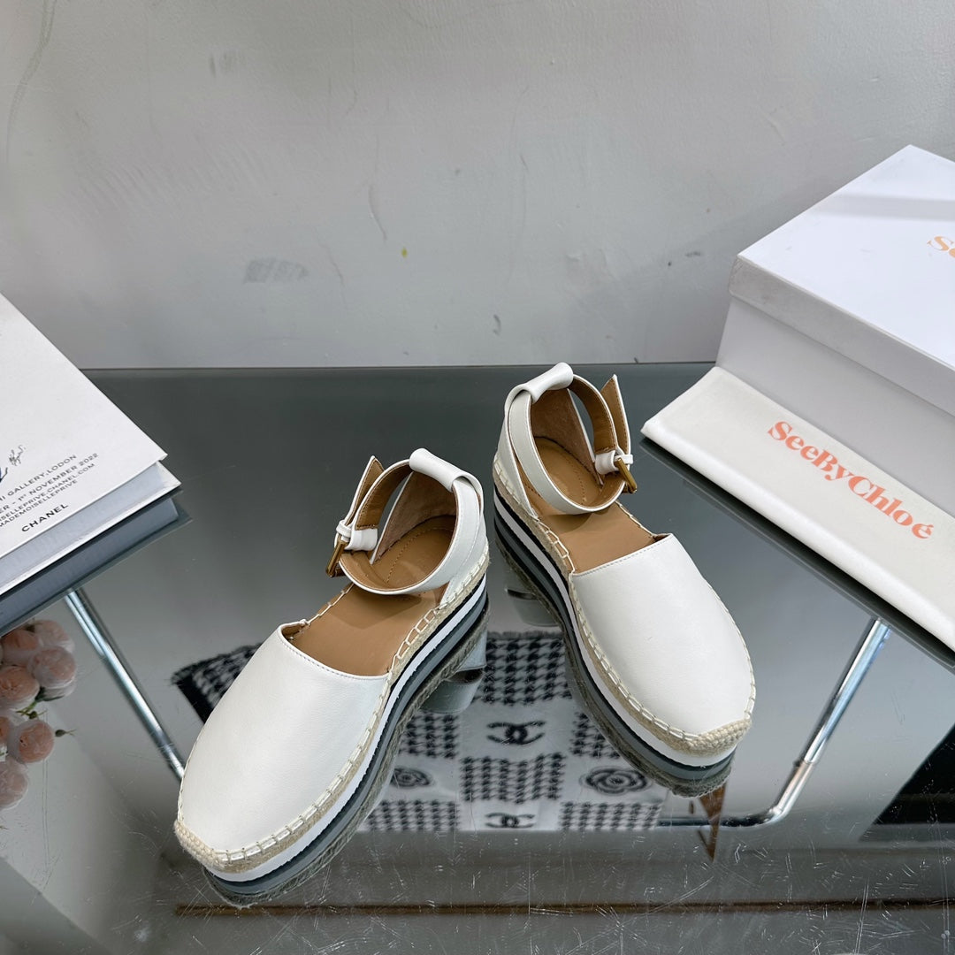 SEE BY ESPADRILLES SANDAL IN WHITE CALFSKIN AND WOVEN RAFFIA