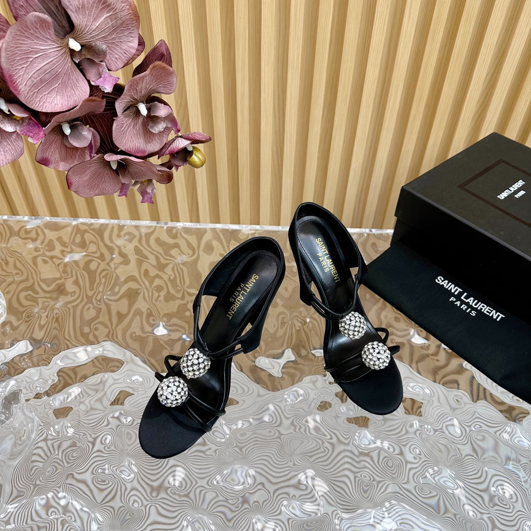 SL POM CIRCLE CRYSTAL HEELED SANDALS BLACK SATIN