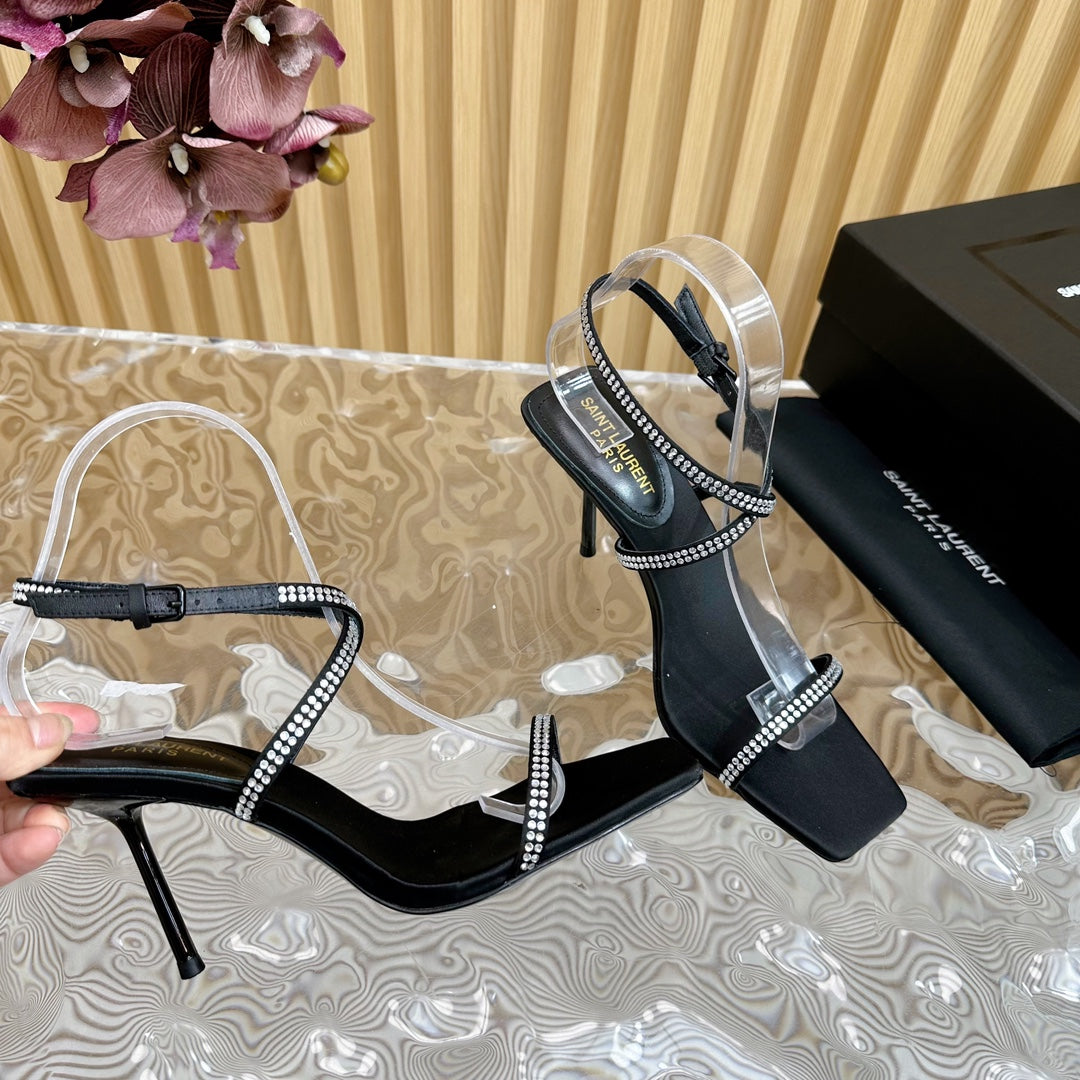 NUIT SANDALS 85 IN BLACK CREPE SATIN AND WHITE RHINESTONES