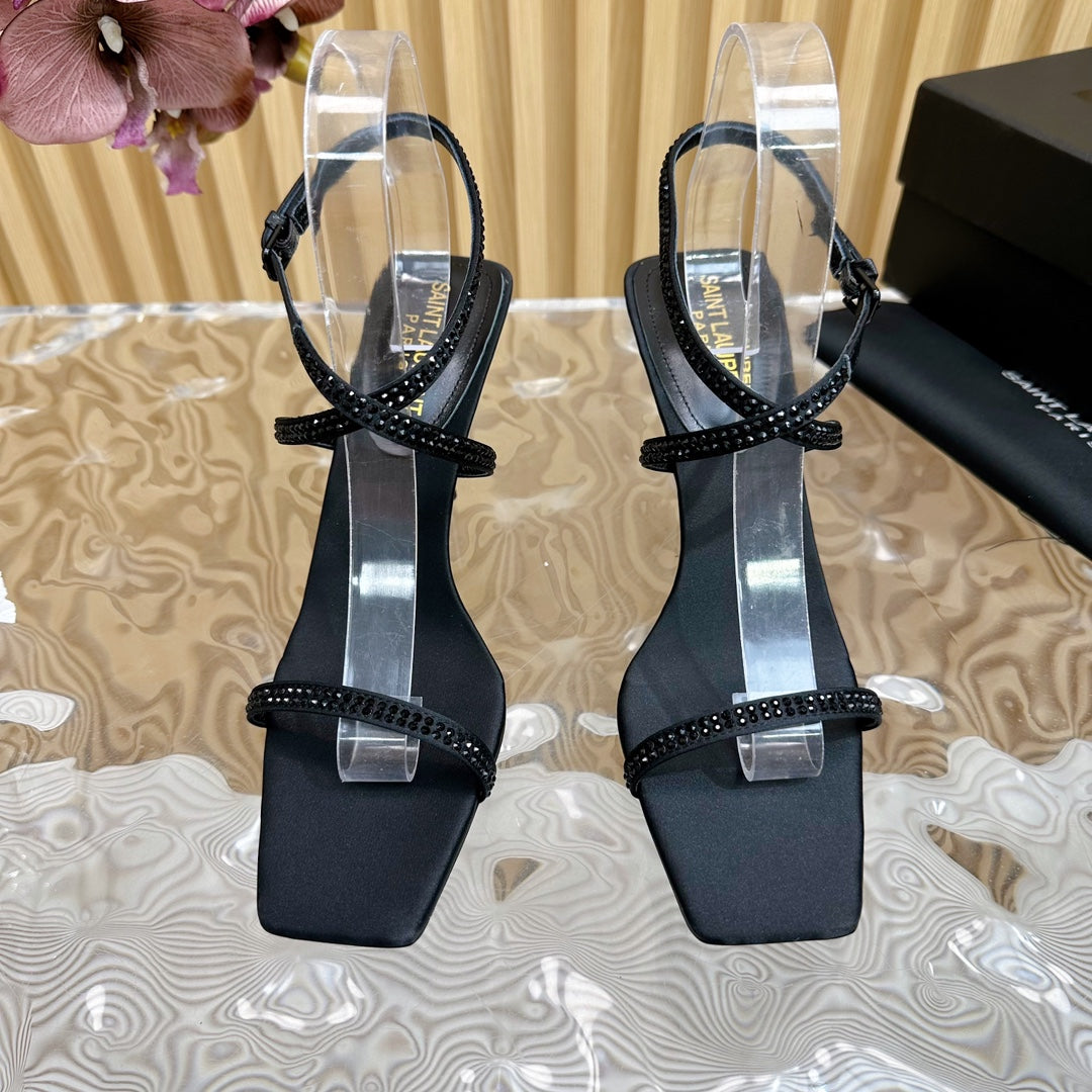 NUIT SANDALS 85 IN BLACK CREPE SATIN AND BLACK RHINESTONES