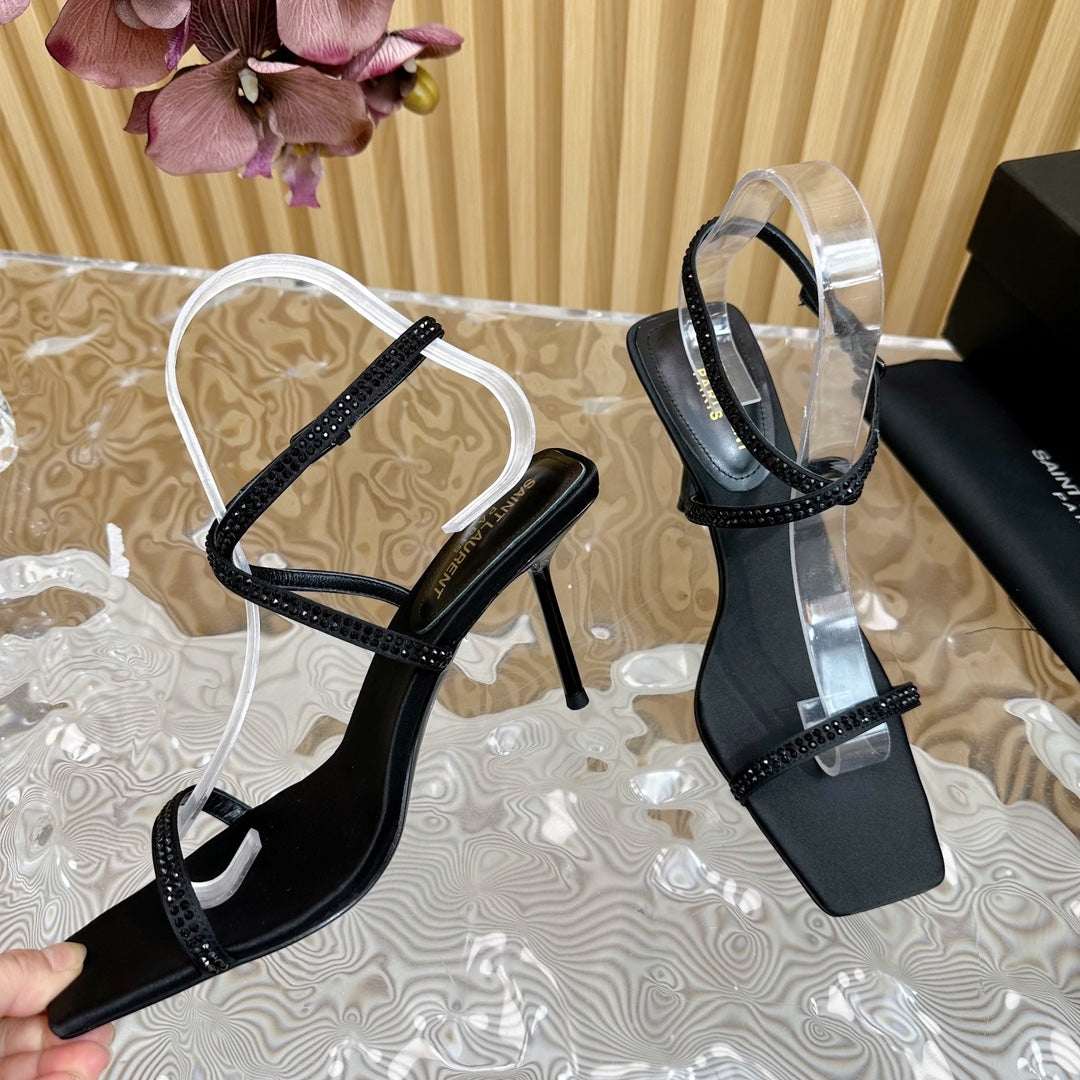 NUIT SANDALS 85 IN BLACK CREPE SATIN AND BLACK RHINESTONES