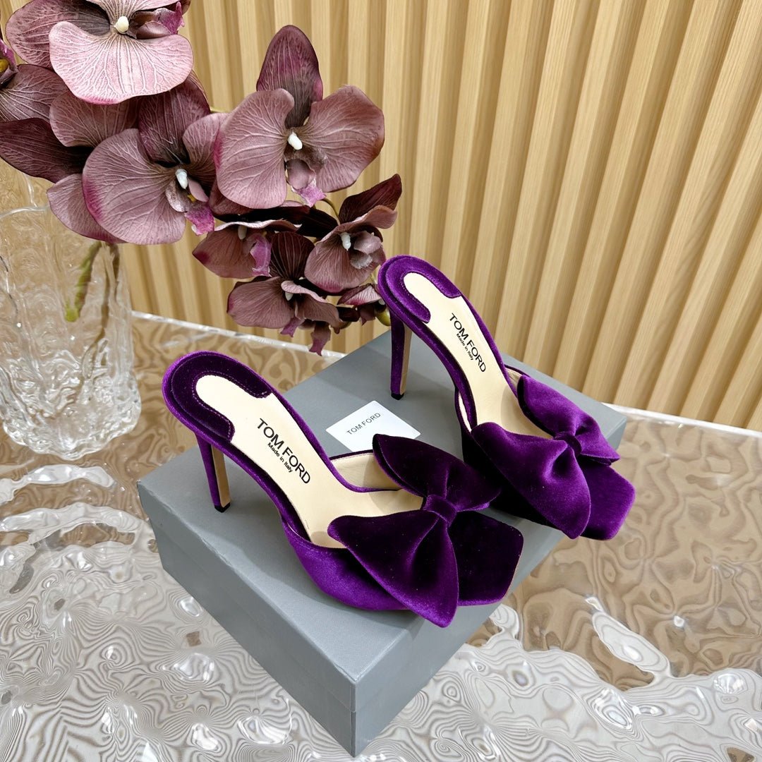 HIGH HEEL 10 MULE IN WINE PURPLE VELVET WITH BOW