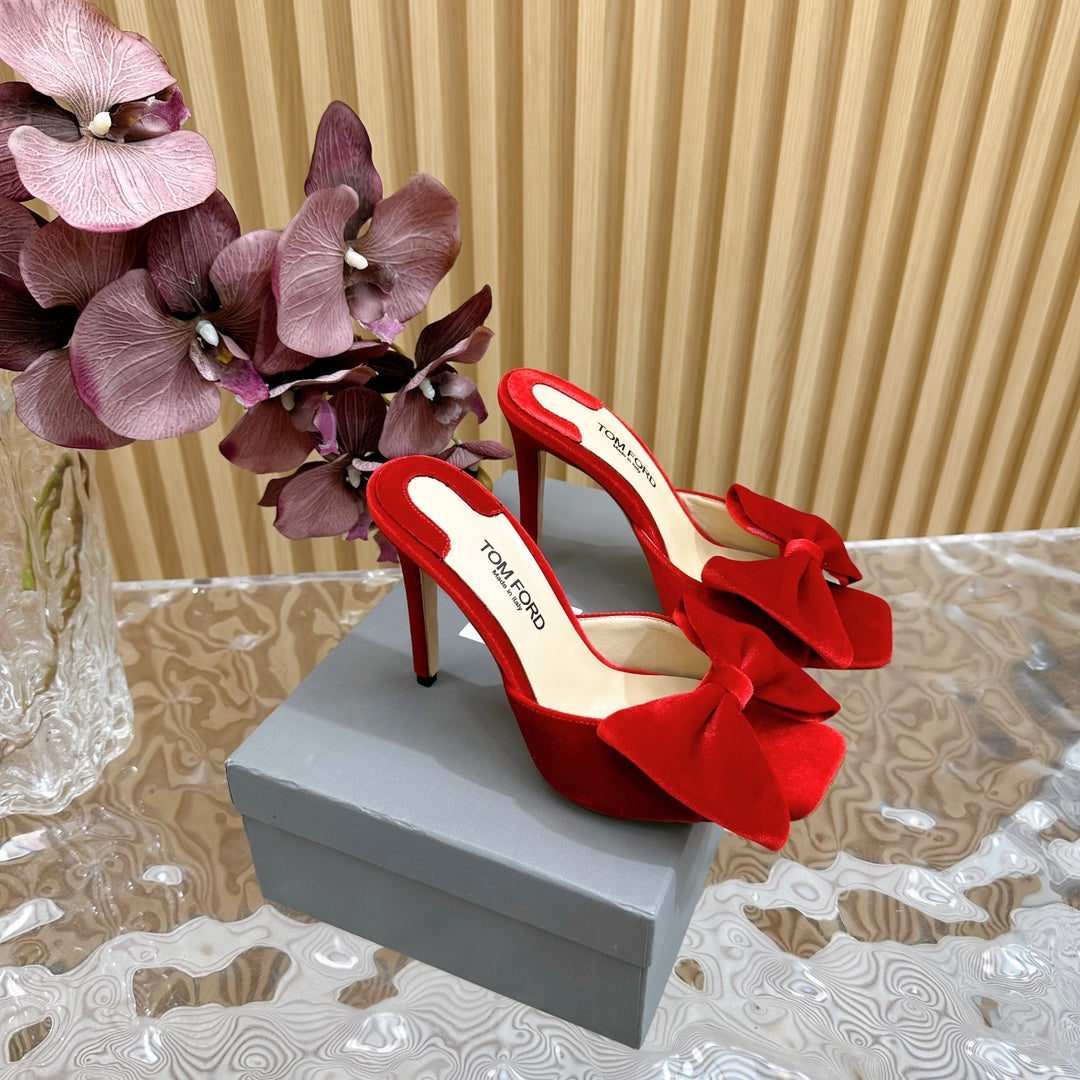HIGH HEEL 10 MULE IN CHERRY RED VELVET WITH BOW