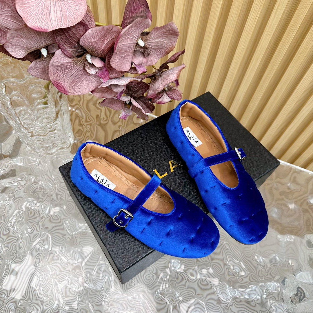 ALAIA BALLET FLATS IN COBALT BLUE VELVET