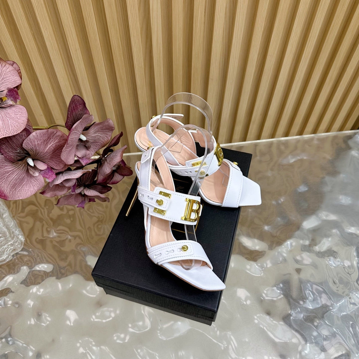 BALMAIN 25S RHINESTONE STILETTO SANDALS 95MM IN WHITE CALFSKIN