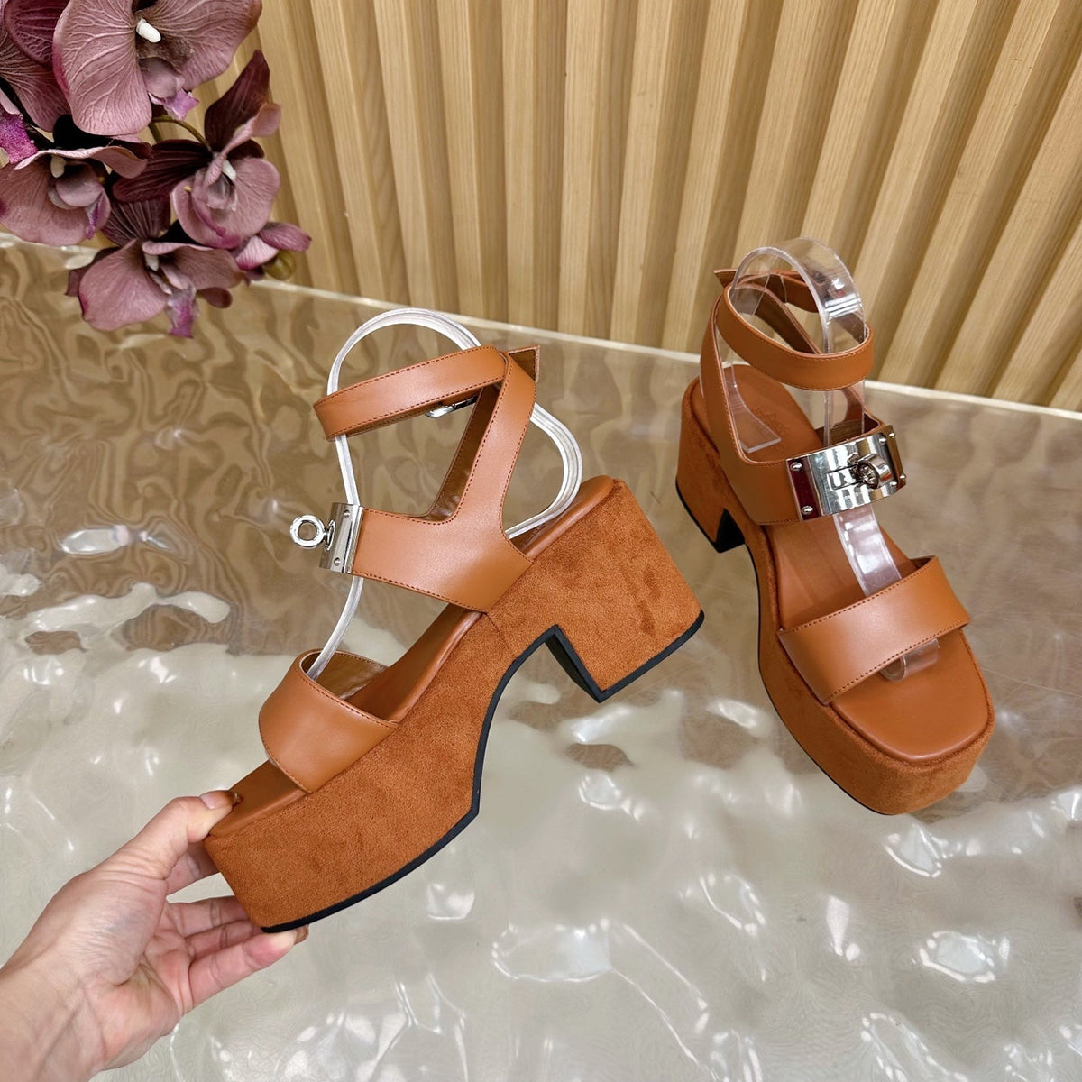HM 25S CLASSIC WEDGE SANDALS 70 MM IN BROWN LAMBSKIN WITH SILVER HARDWARE