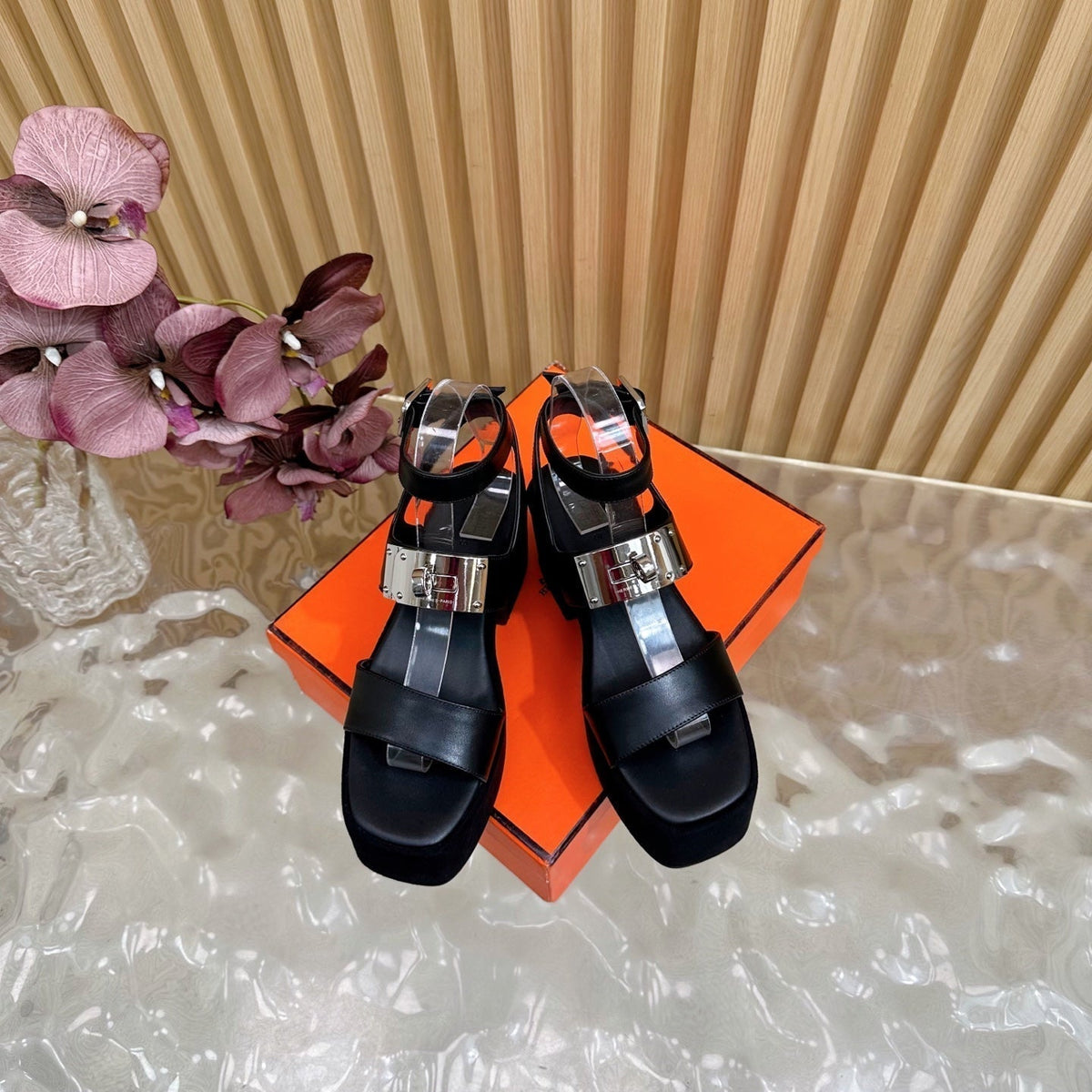 HM 25S CLASSIC WEDGE SANDALS 70 MM IN BLACK LAMBSKIN WITH SILVER HARDWARE