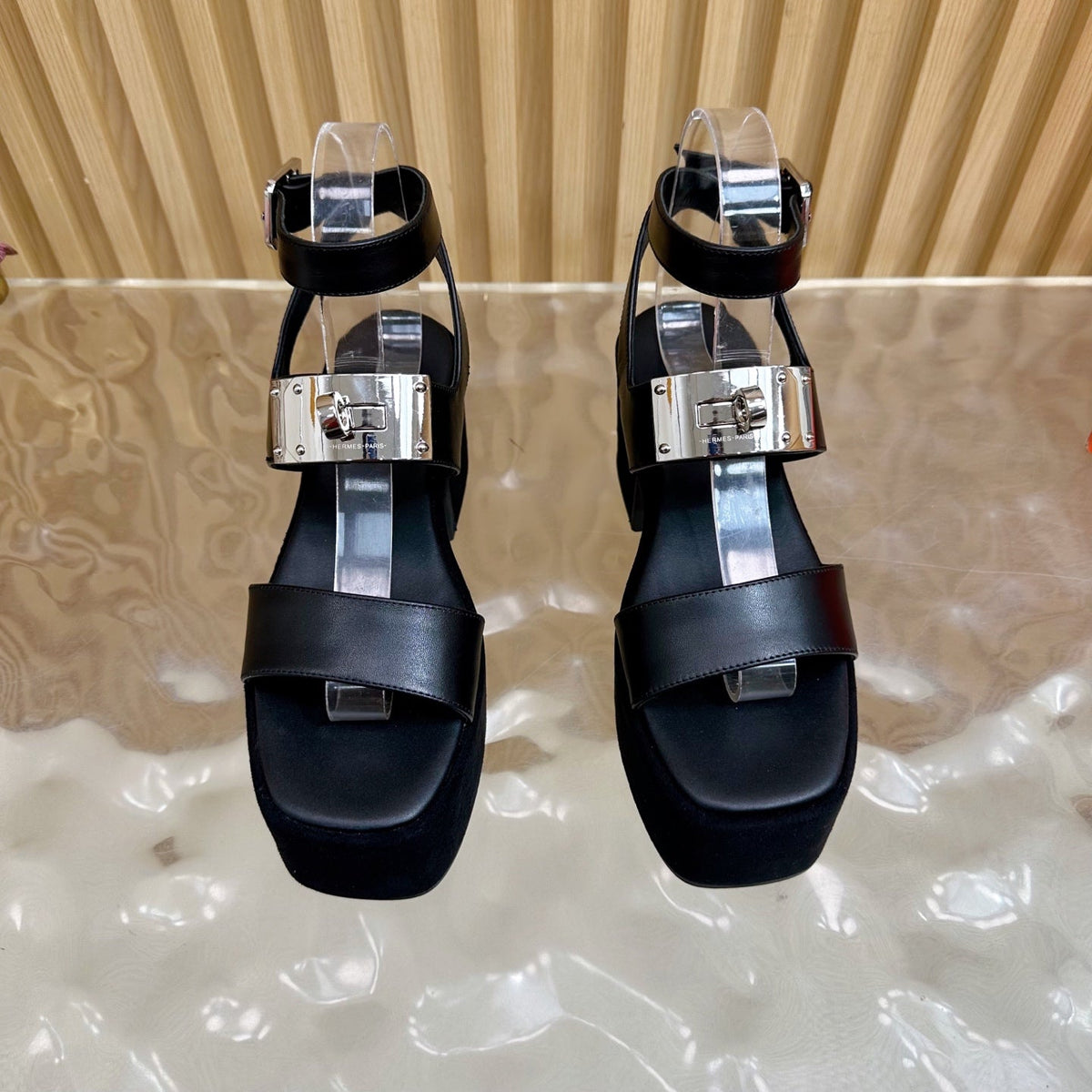 HM 25S CLASSIC WEDGE SANDALS 70 MM IN BLACK LAMBSKIN WITH SILVER HARDWARE