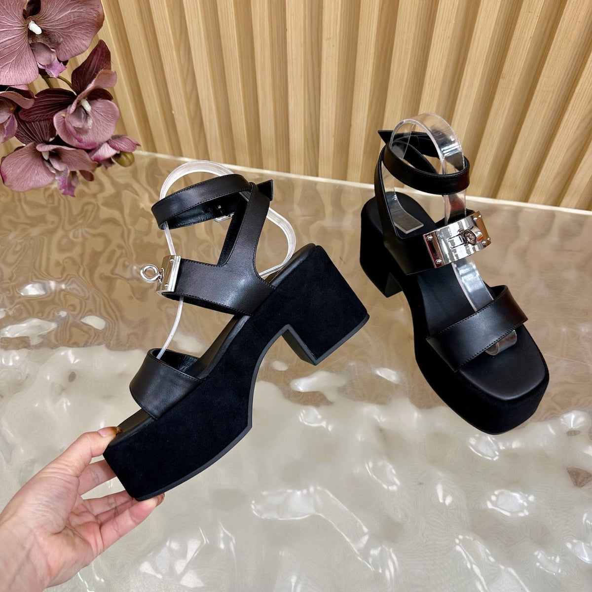 HM 25S CLASSIC WEDGE SANDALS 70 MM IN BLACK LAMBSKIN WITH SILVER HARDWARE