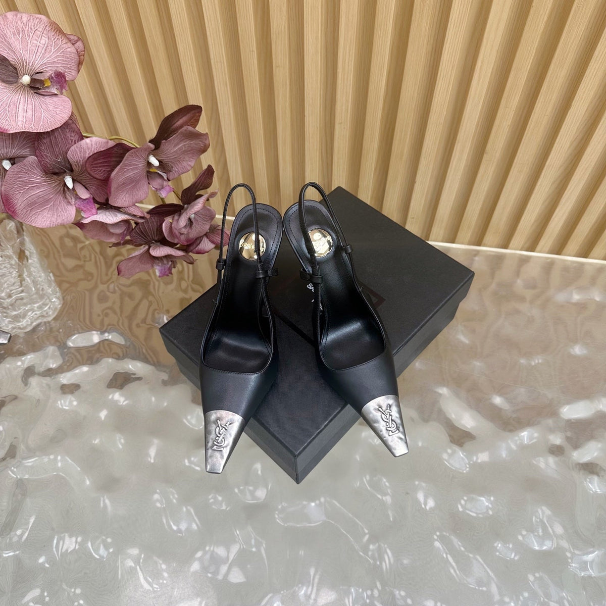 YSL 25S HIGH-HEEL SLINGBACKS 105 MM IN BLACK LAMBSKIN AND SILVER HARDWARE