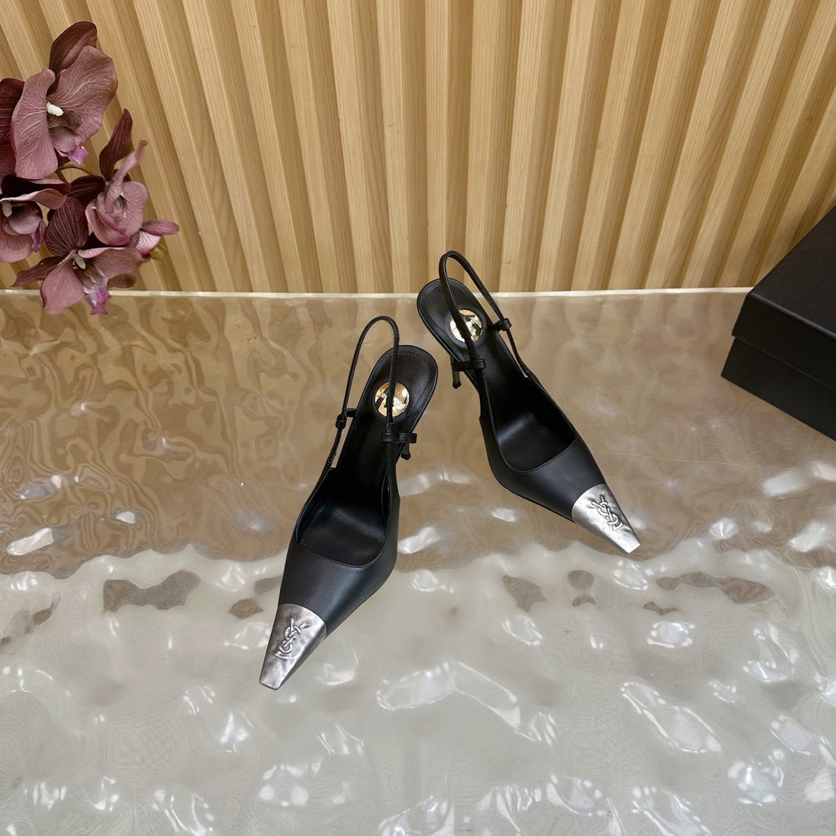 YSL 25S HIGH-HEEL SLINGBACKS 105 MM IN BLACK LAMBSKIN AND SILVER HARDWARE