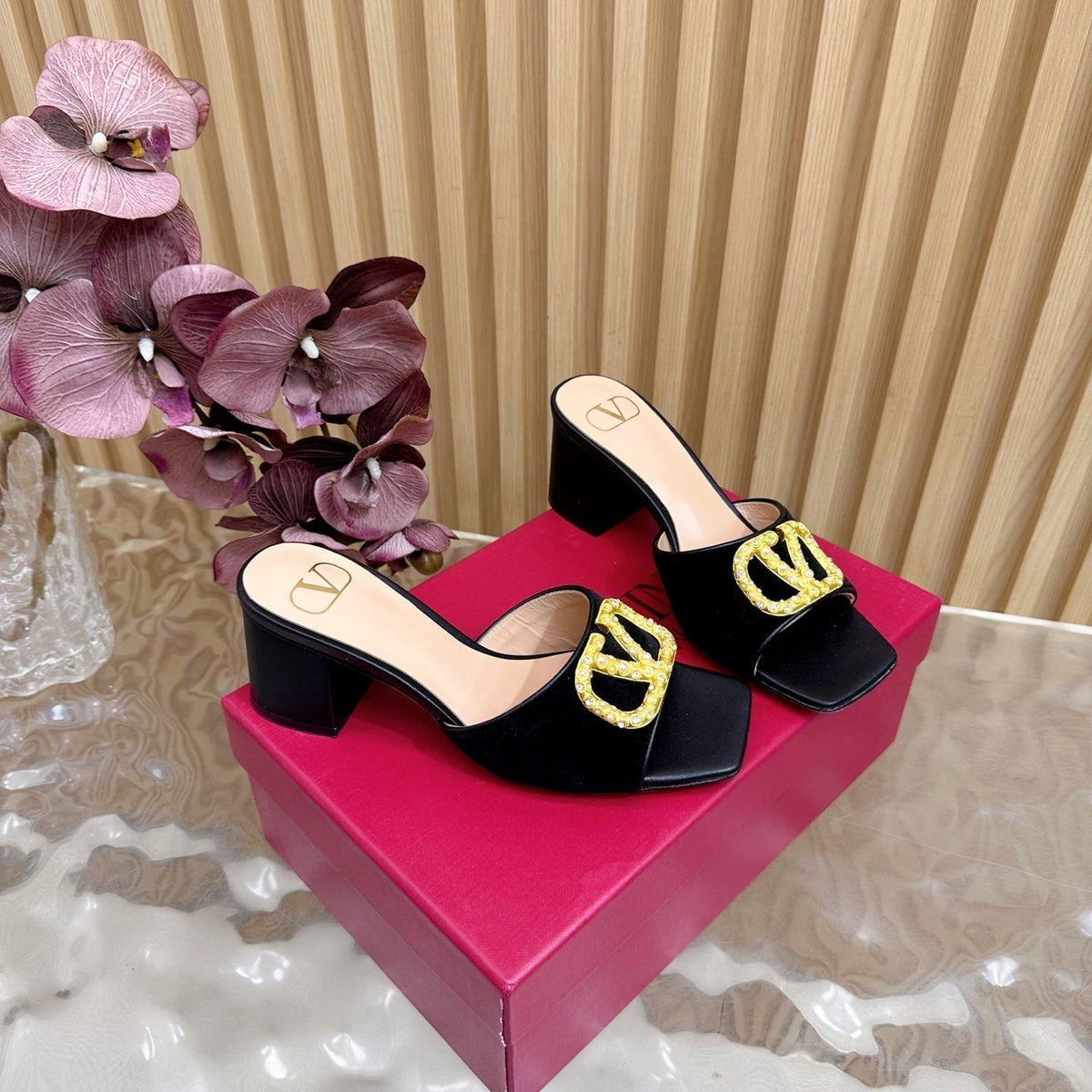 VALENTINO 25S HIGH-HEEL MULES 60 MM IN BLACK VELVET AND CALFSKIN WITH GOLD HARDWARE