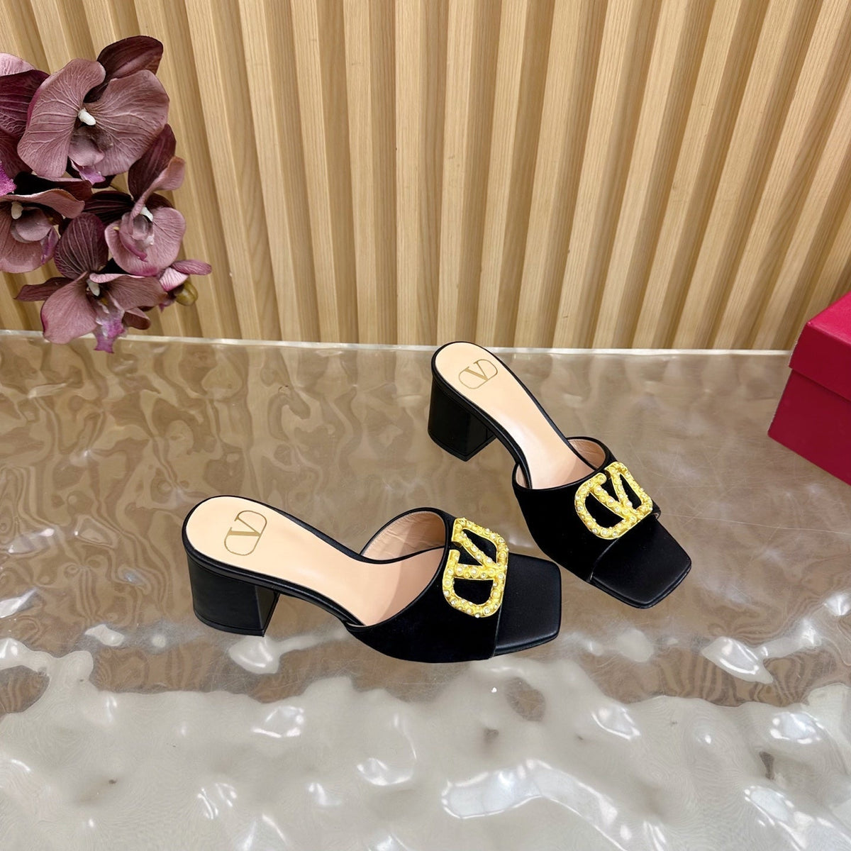 VALENTINO 25S HIGH-HEEL MULES 60 MM IN BLACK VELVET AND CALFSKIN WITH GOLD HARDWARE
