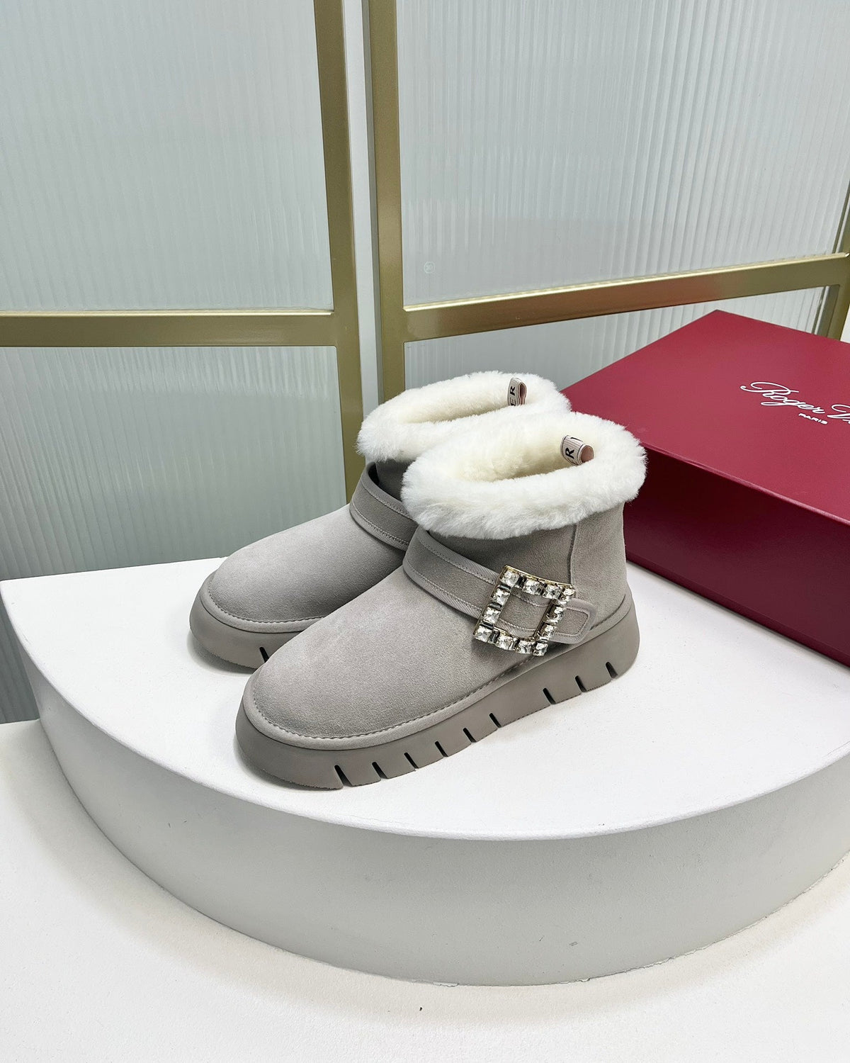 VIV’ WINTER FUR STRASS BUCKLE ANKLE BOOTS IN LIGHT GREY SUEDE