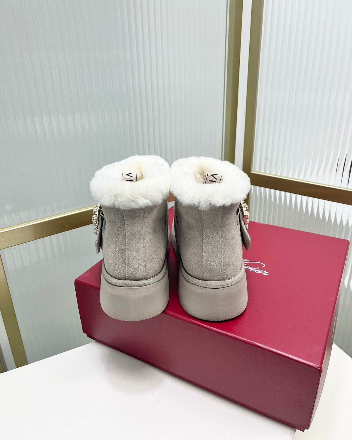 VIV’ WINTER FUR STRASS BUCKLE ANKLE BOOTS IN LIGHT GREY SUEDE