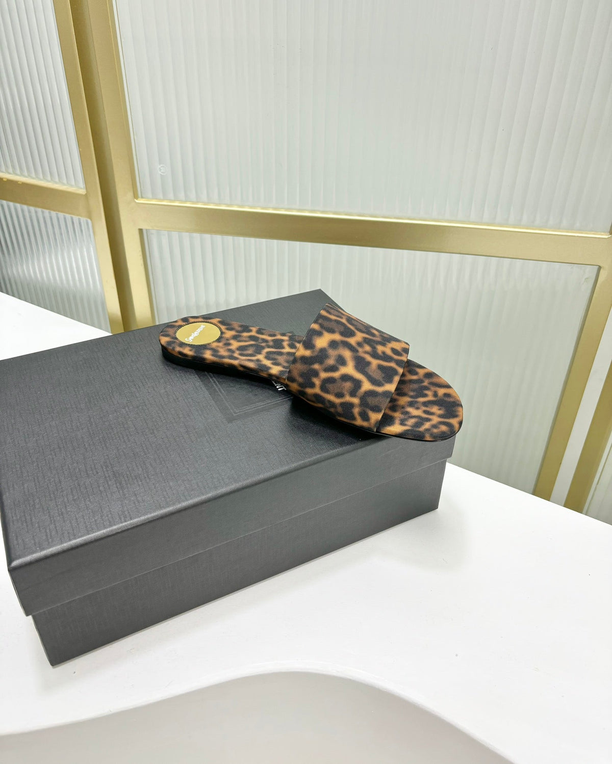 CARLYLE SLIDES IN LEOPARD GROSGRAIN BLACK GOLD