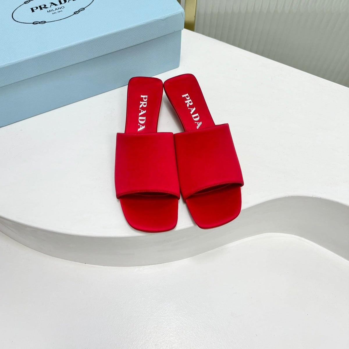 PRA TRIANGLE HEEL SATIN SLIPPERS CRIMSON