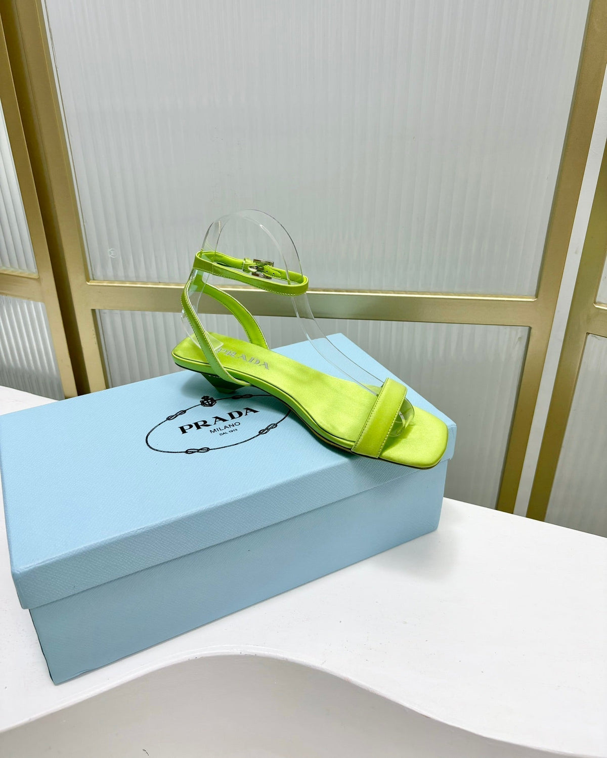 PRA TRIANGLE HEEL SATIN SANDALS CHARTREUSE