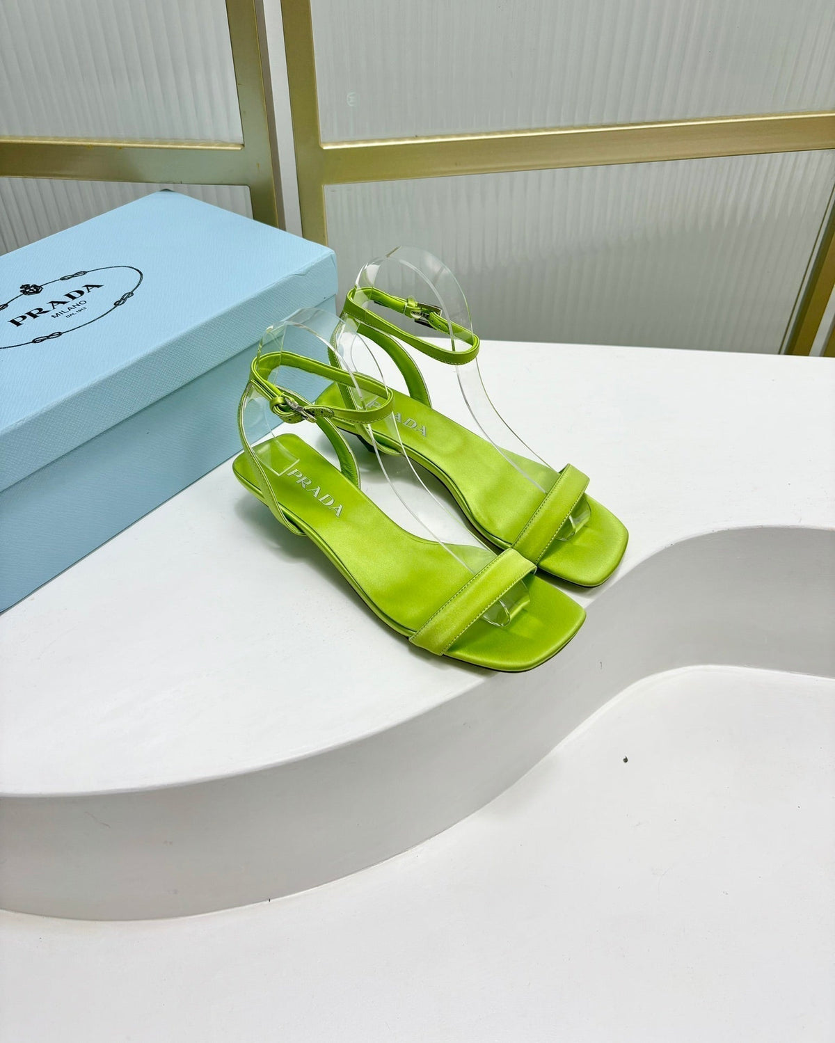 PRA TRIANGLE HEEL SATIN SANDALS CHARTREUSE
