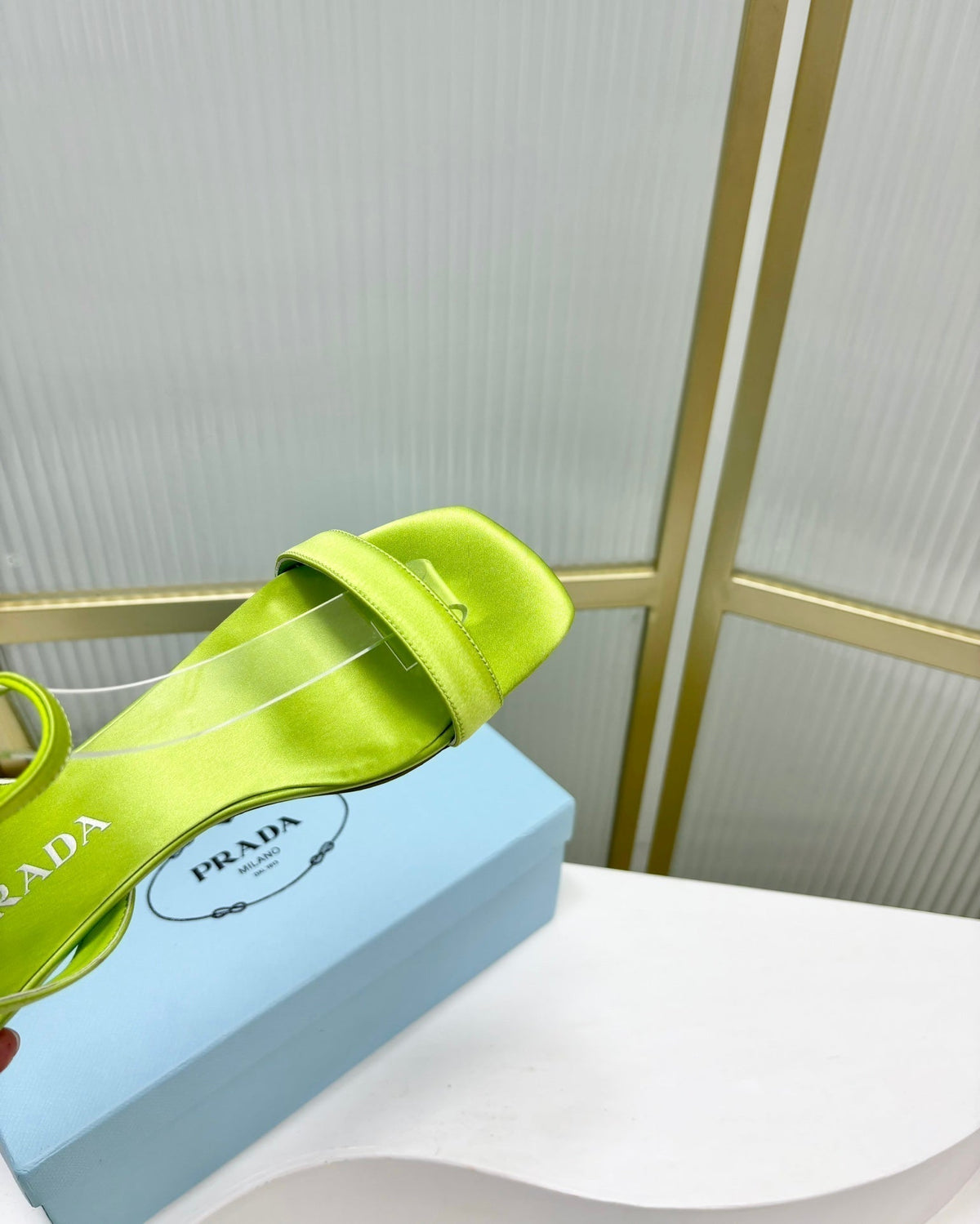 PRA TRIANGLE HEEL SATIN SANDALS CHARTREUSE