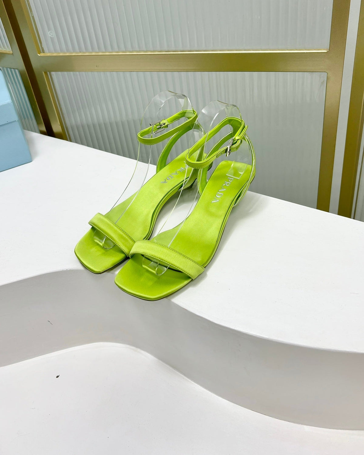 PRA TRIANGLE HEEL SATIN SANDALS CHARTREUSE
