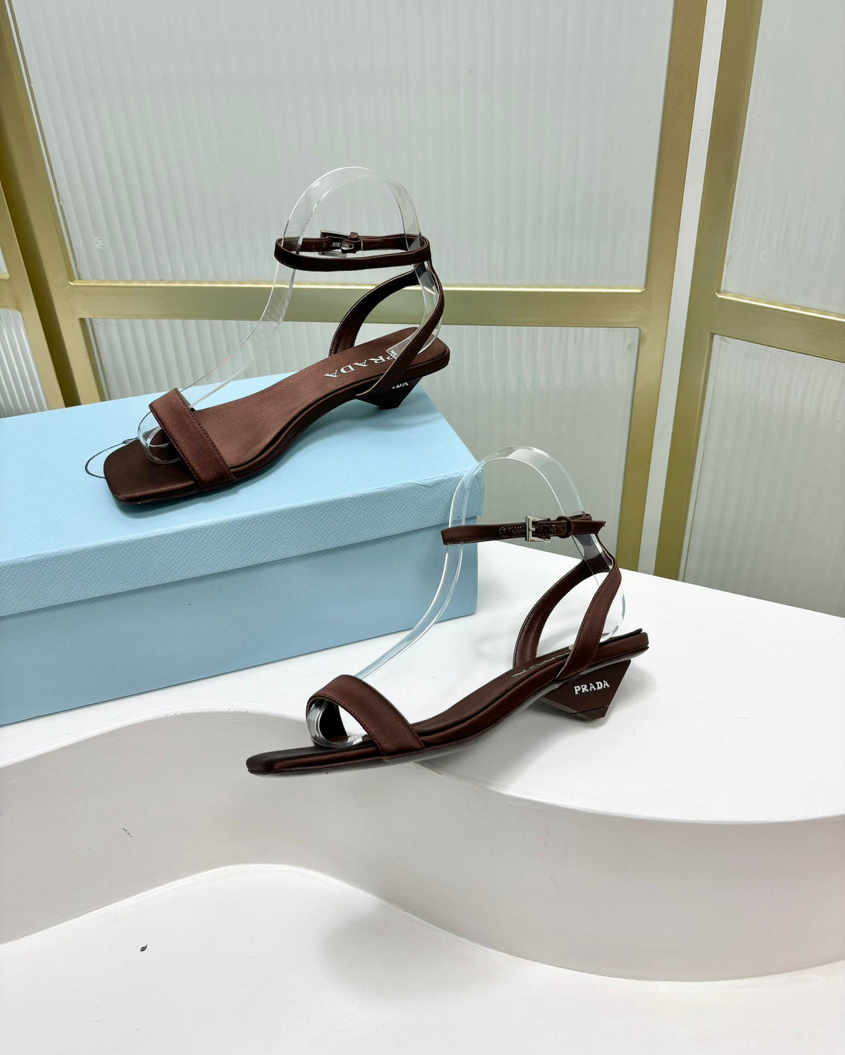 PRA TRIANGLE HEEL SATIN SANDALS BROWN