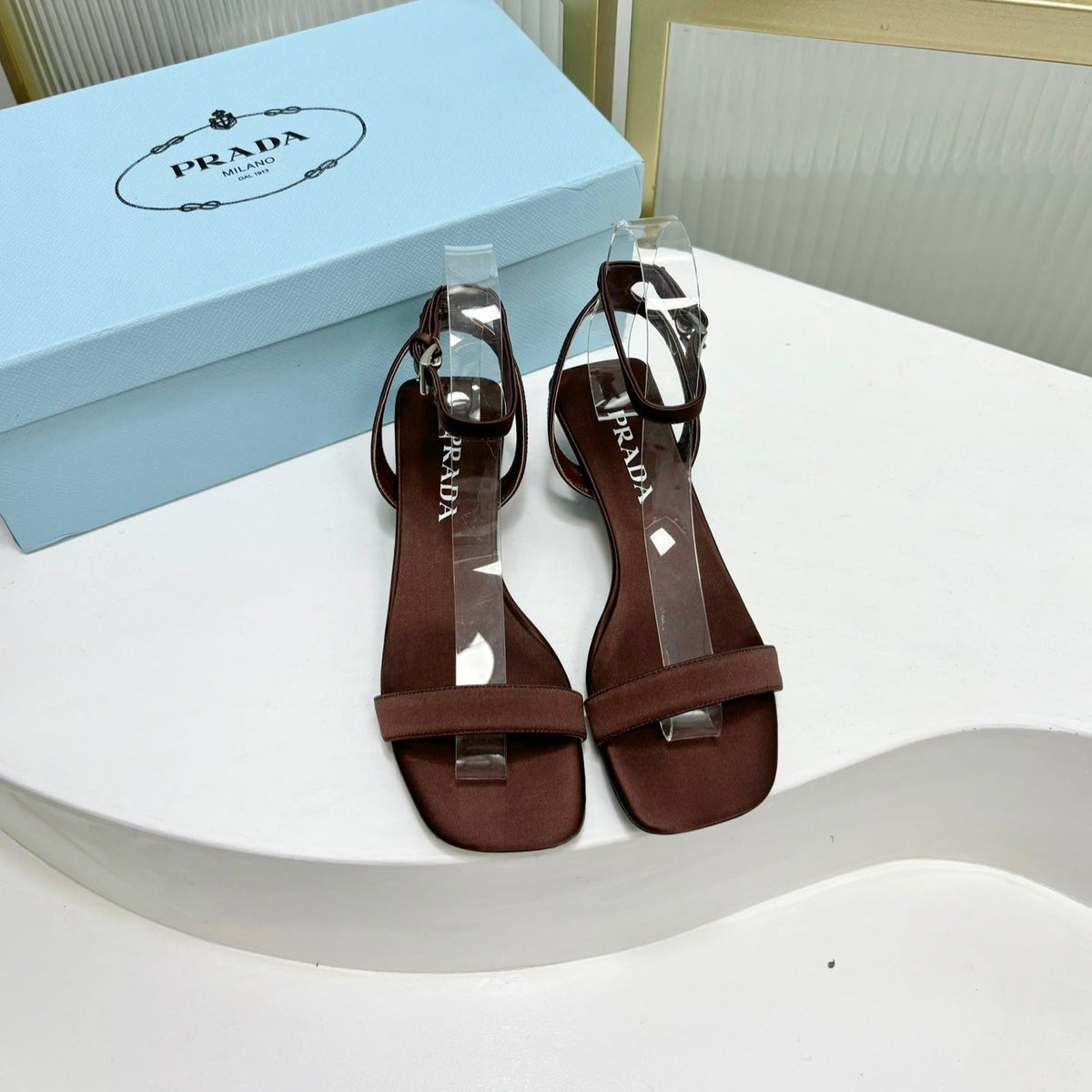 PRA TRIANGLE HEEL SATIN SANDALS BROWN