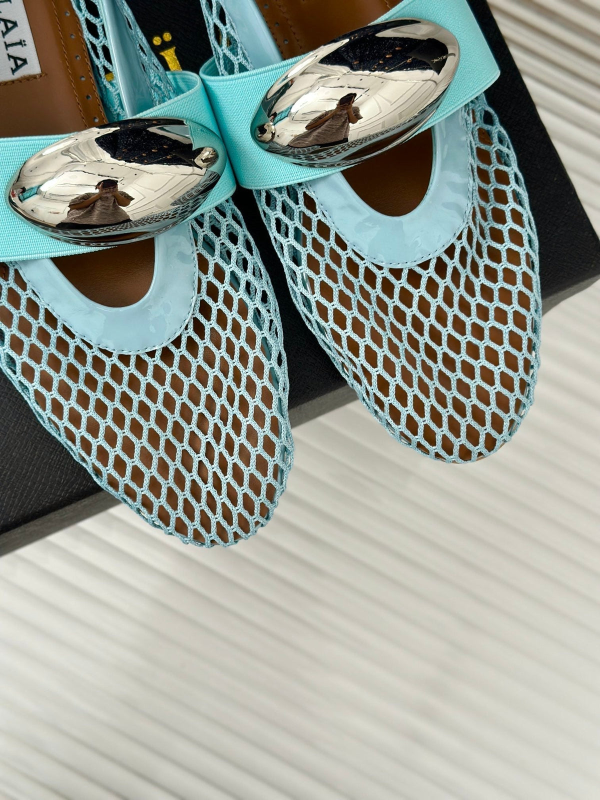 ALAIA MARY JANE SHOES IN SKY BLUE MESH WITH SILVER HARDWARE