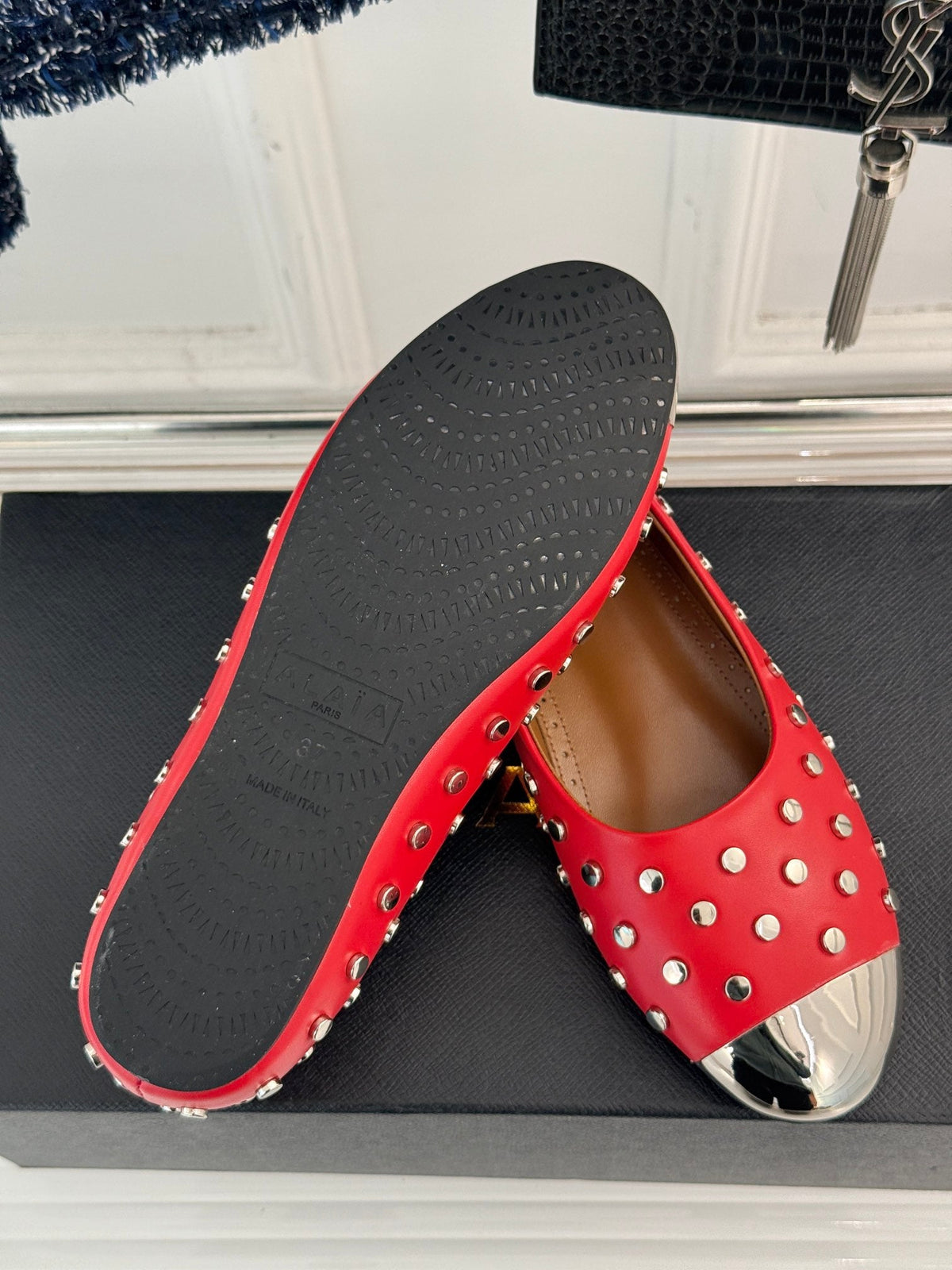 STUD-EMBELLISHED BALLET FLATS IN CHERRY RED CALFSKIN
