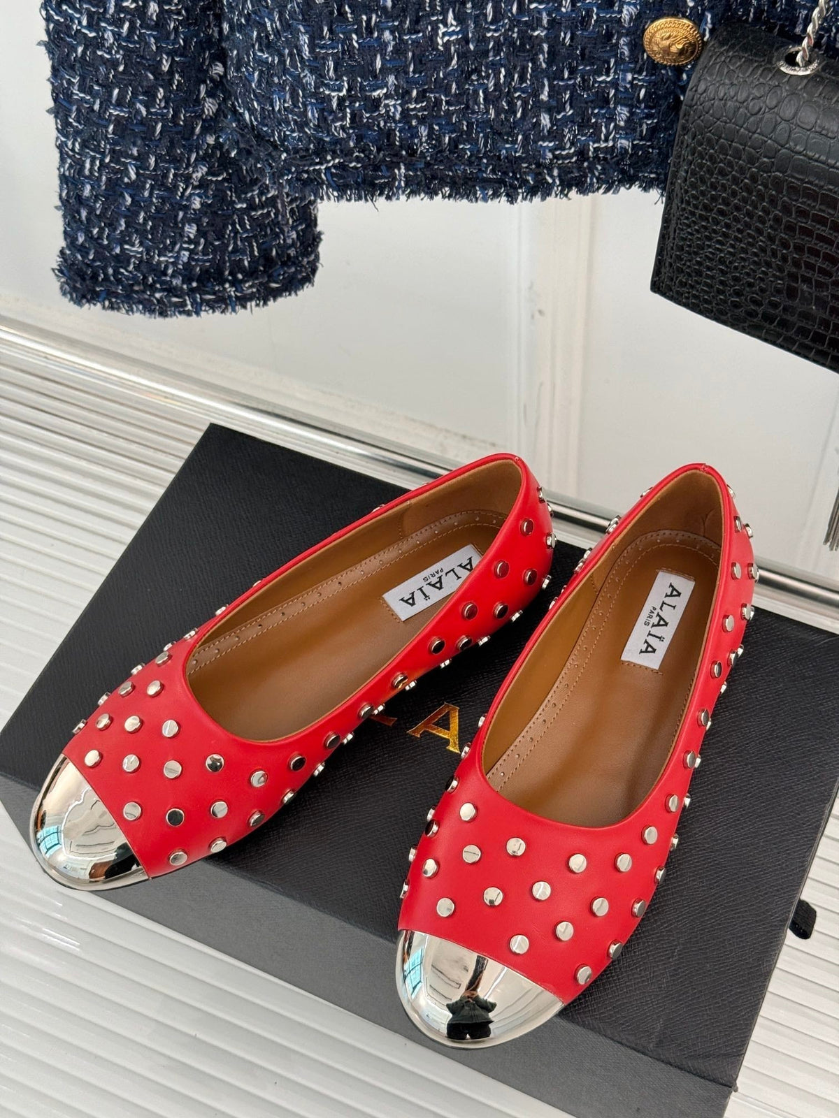 STUD-EMBELLISHED BALLET FLATS IN CHERRY RED CALFSKIN