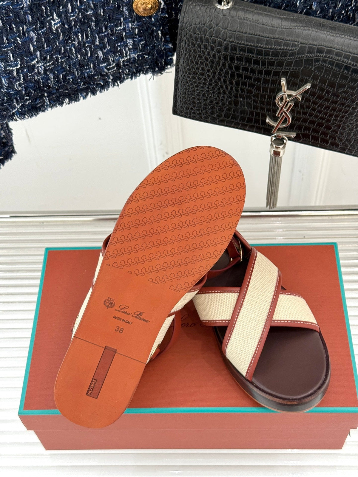 SANDALS THICK SOLE CROSS STRAP IN BEIGE FABRIC AND ORANGE CALFSKIN