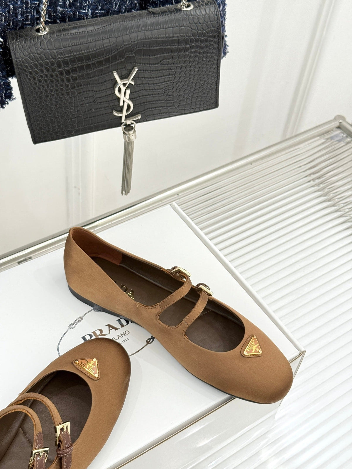 PRADA 25S DOUBLE STRAP BALLERINAS IN DARK BROWN SATIN