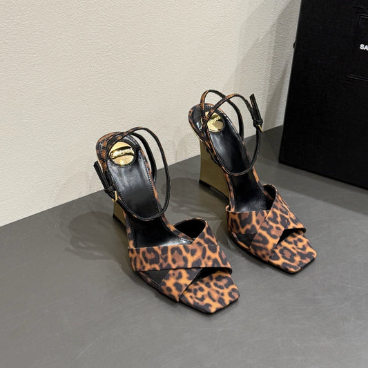 YSL STRAPPY WEDGE SANDALS 25S IN LEOPARD PRINT FABRIC