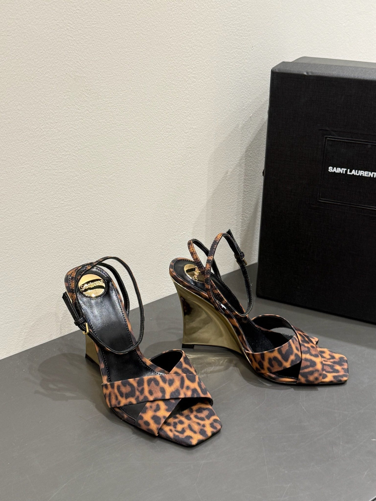 YSL STRAPPY WEDGE SANDALS 25S IN LEOPARD PRINT FABRIC