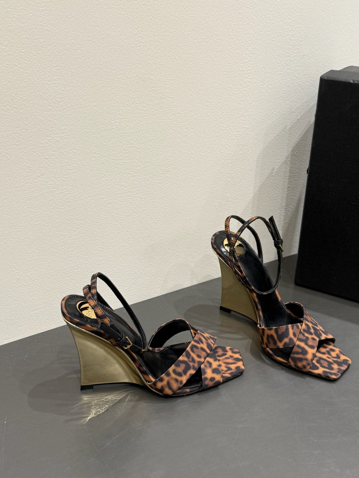 YSL STRAPPY WEDGE SANDALS 25S IN LEOPARD PRINT FABRIC