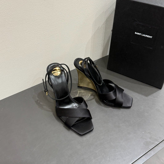 YSL STRAPPY WEDGE SANDALS 25S IN BLACK SATIN