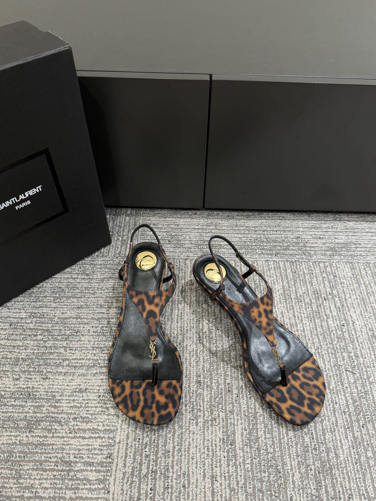 YSL WEDGE THONG SANDALS 25S IN LEOPARD LAMBSKIN WITH GOLD HARDWARE