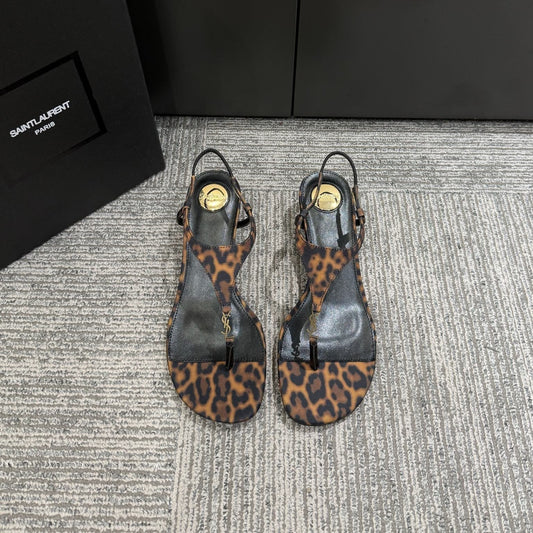 YSL WEDGE THONG SANDALS 25S IN LEOPARD LAMBSKIN WITH GOLD HARDWARE