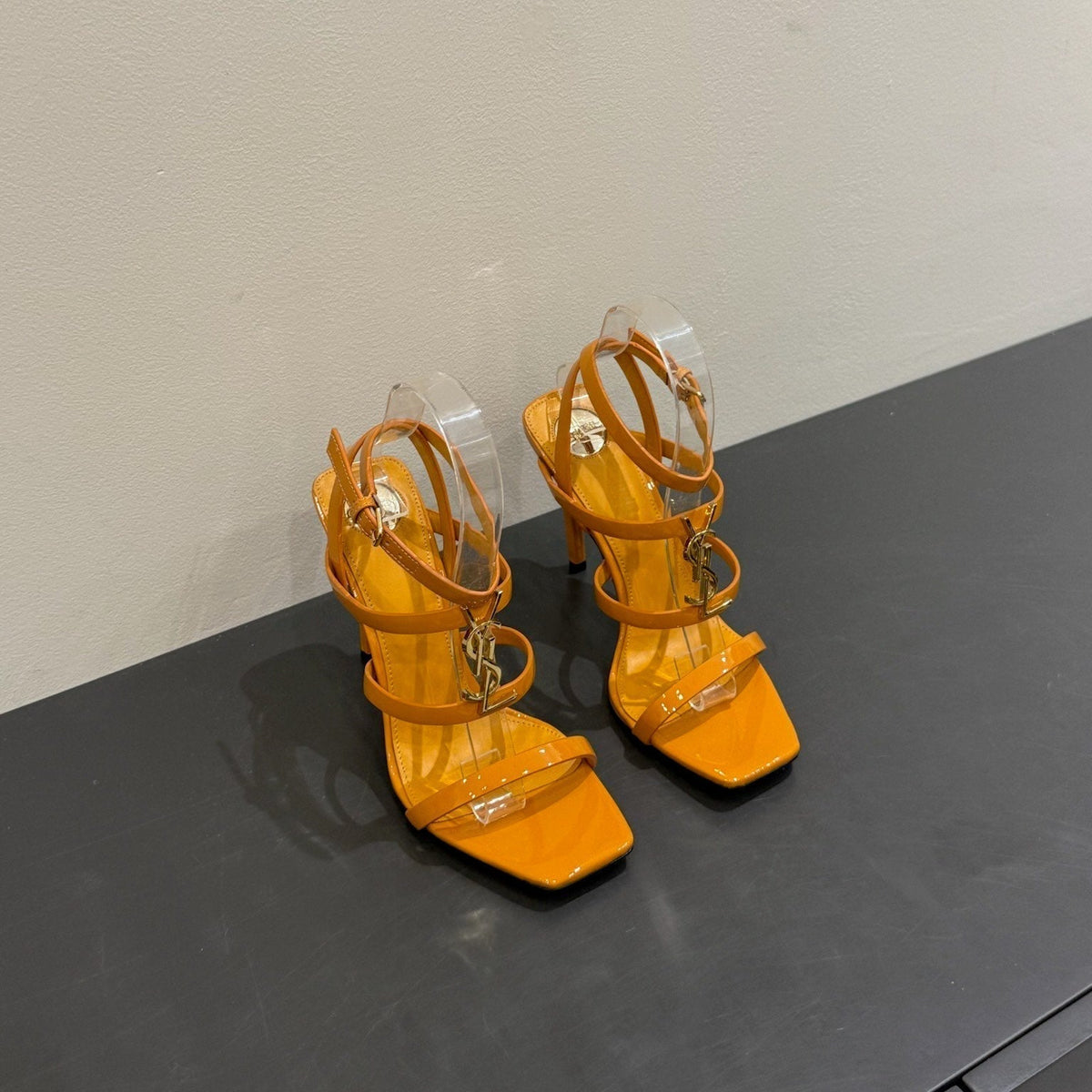 YSL SINGLE-STRAP HEELED SANDALS 25S IN DARK ORANGE LAMBSKIN