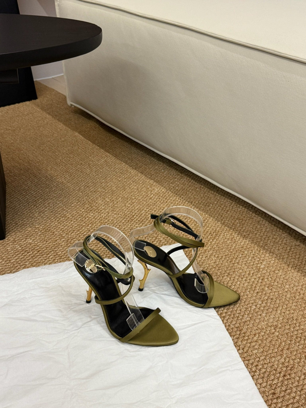 YSL HIGH HEEL SANDALS 25S IN MOSS GREEN SATIN AND LAMBSKIN