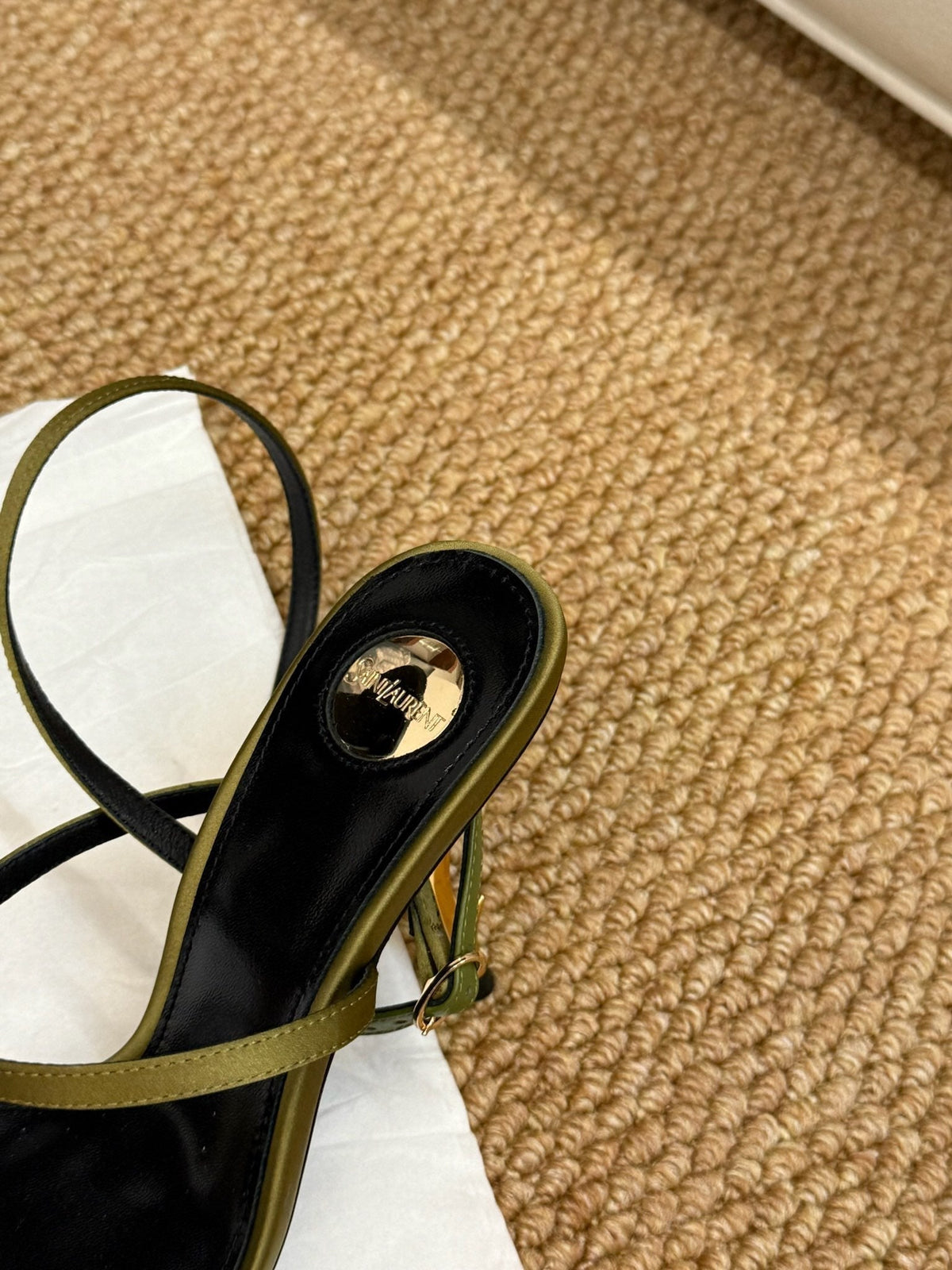 YSL HIGH HEEL SANDALS 25S IN MOSS GREEN SATIN AND LAMBSKIN