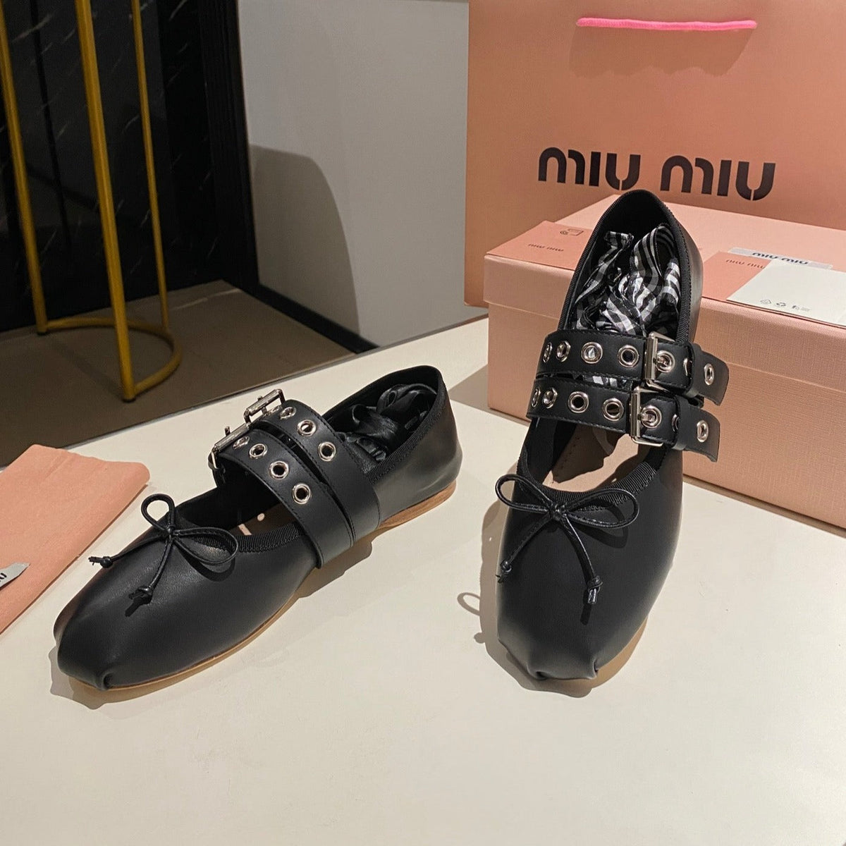 BALLET FLAT SHOES BLACK LAMBSKIN WITH UNIQUE BLACK STRAPS