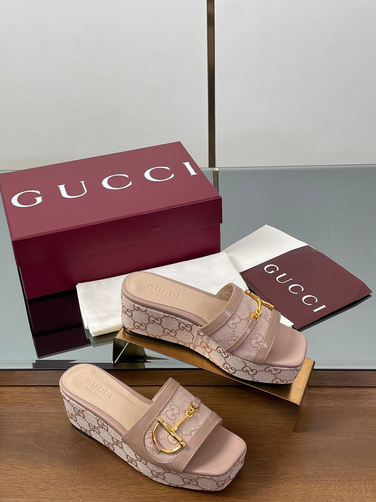 HIGH 6.3 CM WEDGE SANDALS IN DUSTY PINK CALFSKIN AND FABRIC