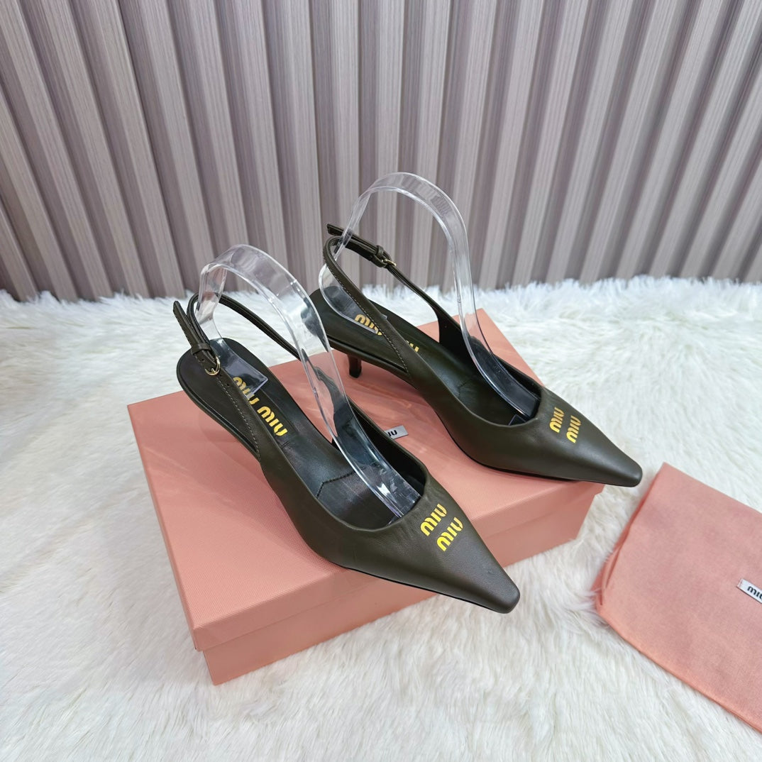 POINTED-TOE SLINGBACK IN ARMY GREEN LAMBSKIN