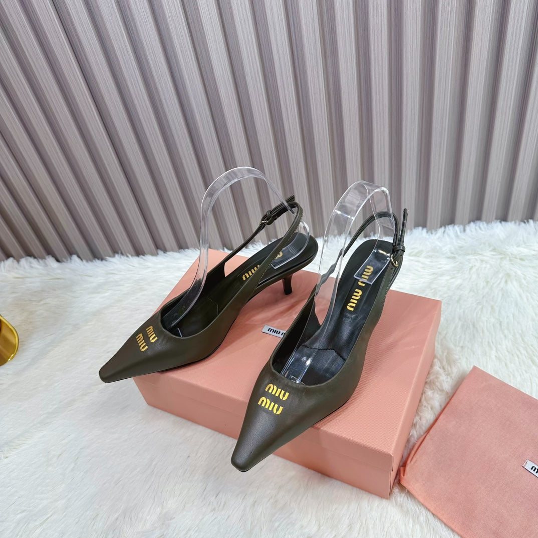 POINTED-TOE SLINGBACK IN ARMY GREEN LAMBSKIN
